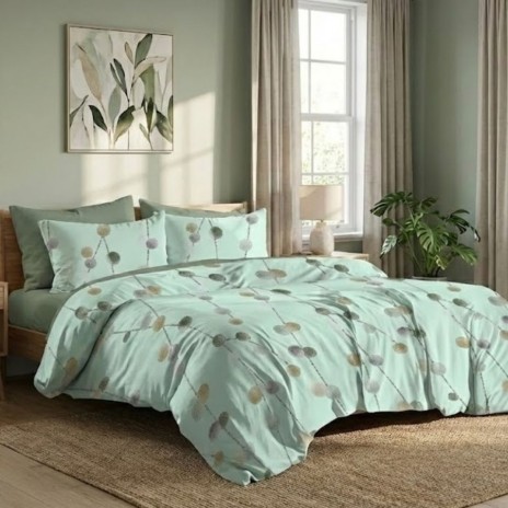 Lenjerie de pat dublu din finet cu 6 piese verde cu buline decorative