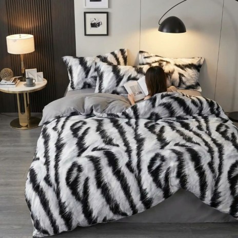 Lenjerie de pat dublu din finet cu 6 piese zebra alb negru animal print