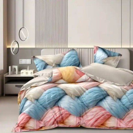 Lenjerie de pat dublu din finet cu model patchwork pastel modern