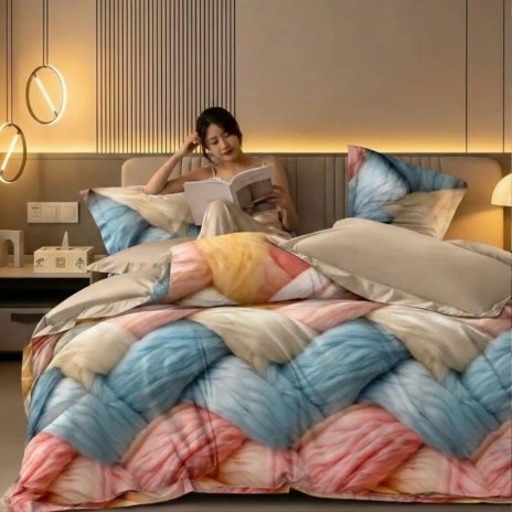 Lenjerie de pat dublu din finet cu model patchwork pastel modern