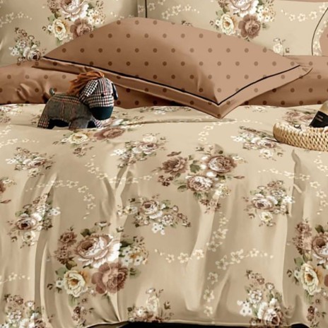 Lenjerie pat dublu finet 6 piese, design cu flori bej M528
