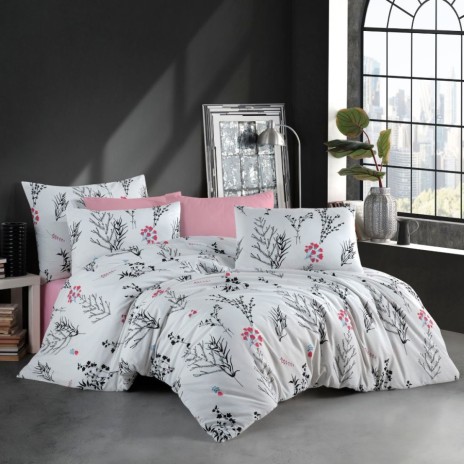 Lenjerie de pat dublu family Nazenin Home Beauty, 100% bumbac ranforce cu 7 piese, ilustrând un model botanic în nuanțe subtile de gri cu accente de roz și albastru, aducând un stil natural și relaxant dormitorului.