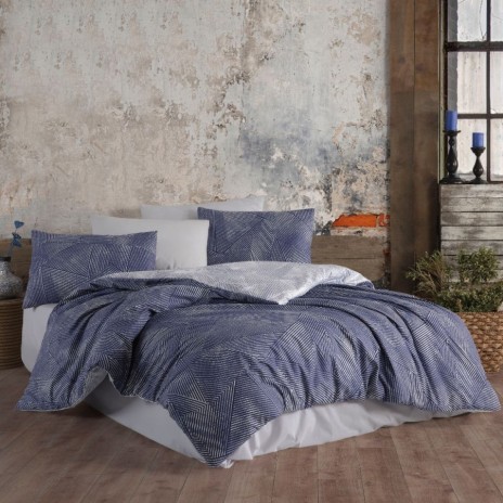 Lenjerie de pat dublu family bumbac 100% ranforce Nazenin Home Eldora cu design geometric în nuanțe de albastru și alb