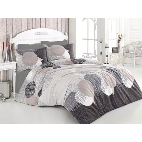 Lenjerie de pat dublu family bumbac 100% ranforce Nazenin Home Jadore Gri cu design modern de cercuri și linii în nuanțe de gri și bej pe fundal alb