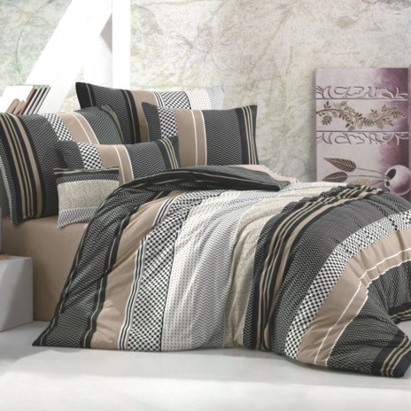 Lenjerie de pat dublu family bumbac 100% ranforce Nazenin Home Zigo Bej cu design cu dungi și modele geometrice în nuanțe de bej și negru