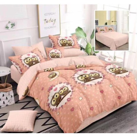 Lenjerie de pat dublu din finet cu design adorabil de bufnițe pe fundal roz, 6 piese