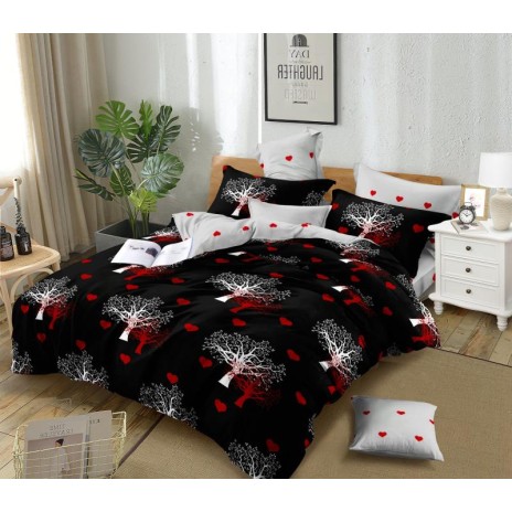 Lenjerie de pat dublu din finet, 6 piese, cu design de copaci albi și inimi roșii pe fundal negru