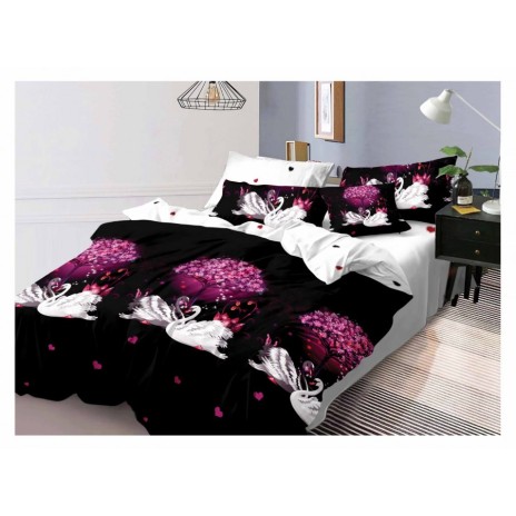 Lenjerie de pat cu lebede albe și copac roz pe fundal negru, fețe de pernă decorate și cearșaf alb cu inimioare negre și roșii