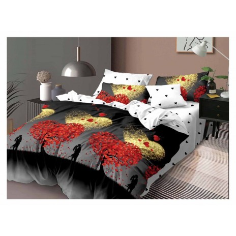 Lenjerie de pat dublu din finet, 6 piese, cu design romantic de copaci inimă și siluete de cuplu.