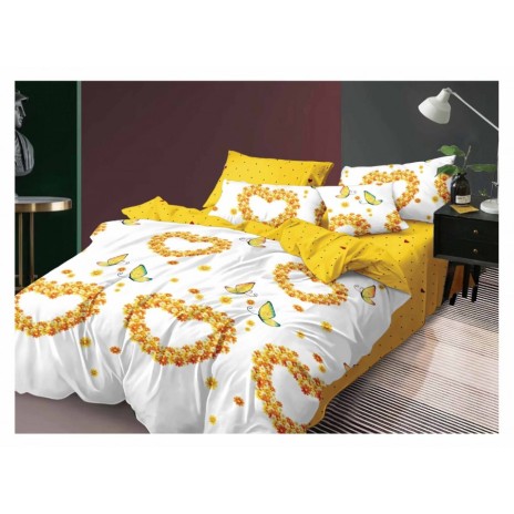 Lenjerie de pat dublu din finet, 6 piese, cu design floral cu inimi din flori galbene și fluturi pe fundal alb și galben