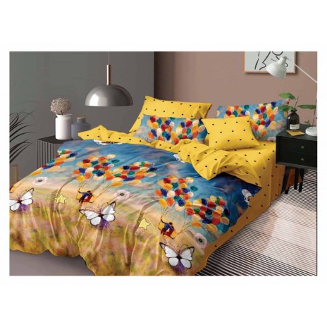 Lenjerie de pat dublu din finet, 6 piese, cu design colorat de baloane și fluturi pe fundal albastru și galben