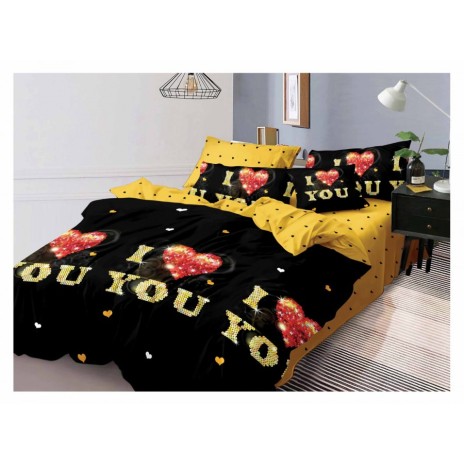 Lenjerie de pat dublu din finet, 6 piese, cu design romantic I Love You pe fundal negru și galben