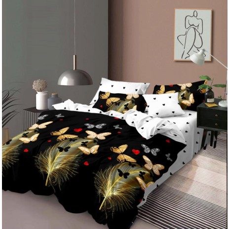 Lenjerie de pat dublu din finet, 6 piese, design elegant cu fluturi aurii și pene aurii pe fundal negru.