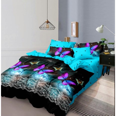 Lenjerie de pat dublu din finet cu 6 piese, design vibrant cu fluturi mov și fundal albastru.