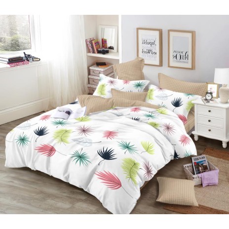 Lenjerie de pat dublu din finet cu 6 piese, cod FN124, design cu frunze colorate pe fundal alb