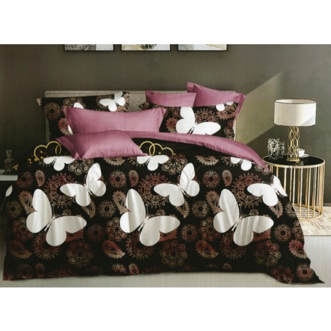 Lenjerie de pat dublu din finet cu 6 piese, design cu fluturi albi și modele decorative pe fundal negru.