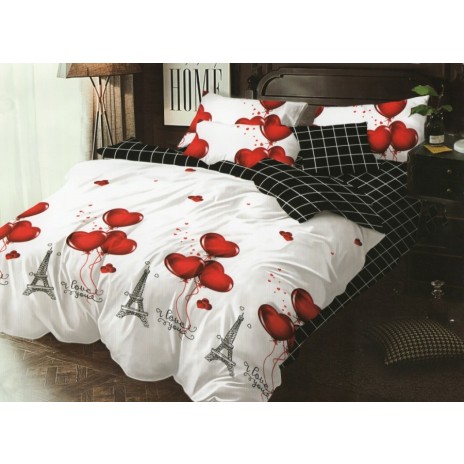 Lenjerie de pat dublu din finet cu 6 piese, design romantic cu inimioare roșii și turnul Eiffel pe fundal alb
