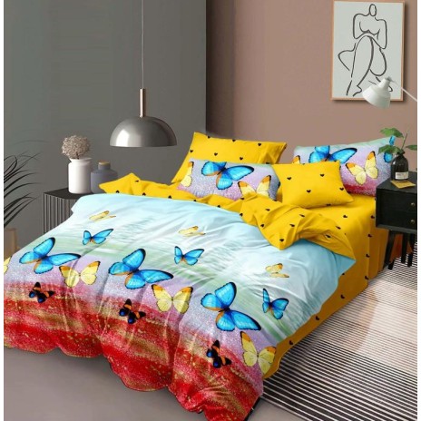 Lenjerie de pat dublu finet cu fluturi albastri și galbeni pe fundal multicolor, 6 piese