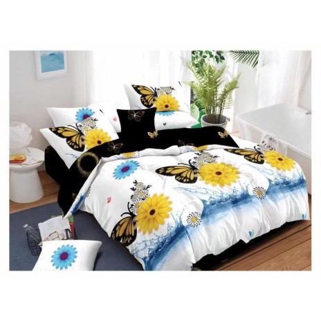 Lenjerie de pat dublu din finet, 6 piese, cu design floral vibrant, fluturi galbeni și margarete pe fundal alb și negru