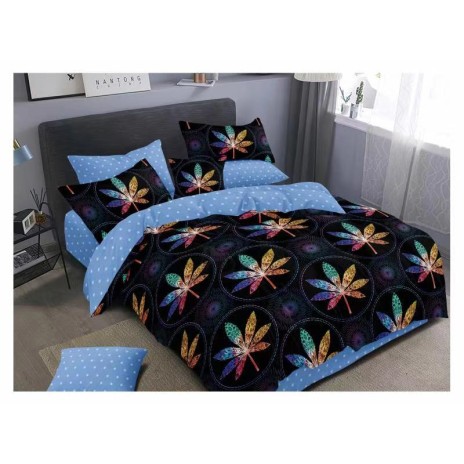 Lenjerie de pat dublu din finet, 6 piese, cu design frunze colorate pe fundal negru și albastru cu buline