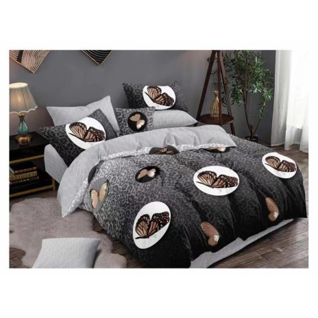 Lenjerie de pat dublu din finet cu 6 piese, design sofisticat cu fluturi maro și model leopard gri