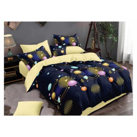 Lenjerie de pat dublu din finet, 6 piese, cu design buline colorate pe fundal negru și galben deschis