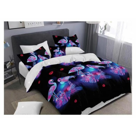 Lenjerie de pat dublu din finet cu 6 piese, design modern cu flamingo neon roz și albastru pe fundal negru