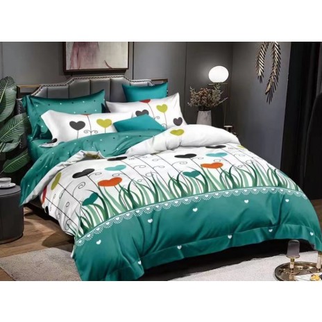 Lenjerie de pat dublu din finet cu 6 piese, design modern cu inimioare colorate și iarbă pe fundal alb și verde