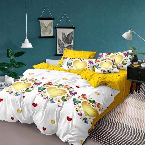 Lenjerie de pat dublu din finet, 6 piese, design inimi aurii și fluturi colorați