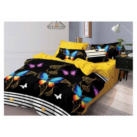 Lenjerie de pat dublu din finet, 6 piese, design fluturi colorati pe fundal negru cu accente galbene, include cearșaf cu elastic