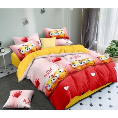 Lenjerie de pat dublu din finet, 6 piese, cu design vesel și romantic cu emoji zâmbitori și inimioare roșii.
