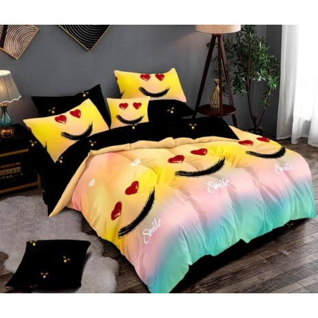 Lenjerie de pat dublu din finet, 6 piese, cu design vesel și colorat smiley faces și inimi roșii.