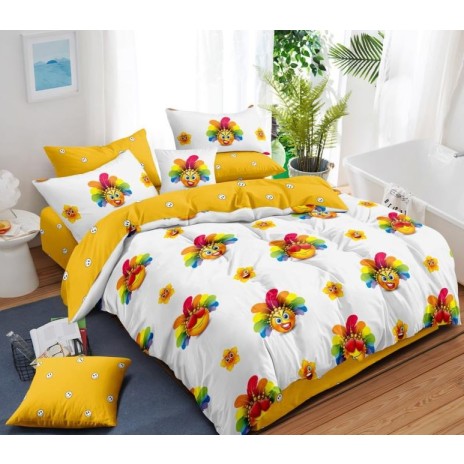 Lenjerie de pat dublu din finet, 6 piese, cu design flori colorate zâmbitoare pe fundal alb și galben