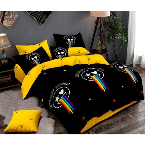 Lenjerie de pat dublu din finet, 6 piese, cu model curcubeu pe fundal negru și galben vibrant, ideală pentru a adăuga energie și culoare dormitorului.