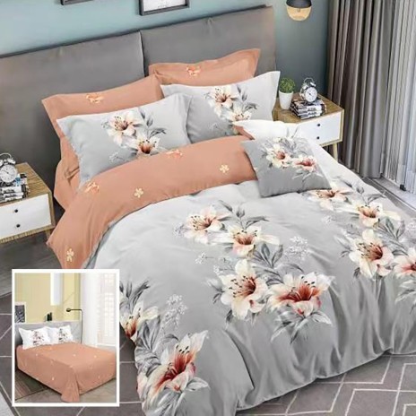 Lenjerie de pat dublu din finet cu 6 piese, design floral cu crini albi și roz pe fundal gri și maro.