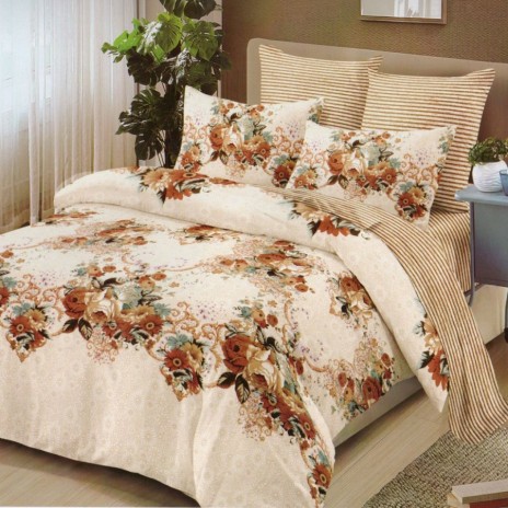 Lenjerie de pat dublu din finet, 6 piese, design floral bogat crem, portocaliu și verde