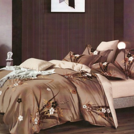 Lenjerie de pat dublu din finet, 6 piese, design flori maro