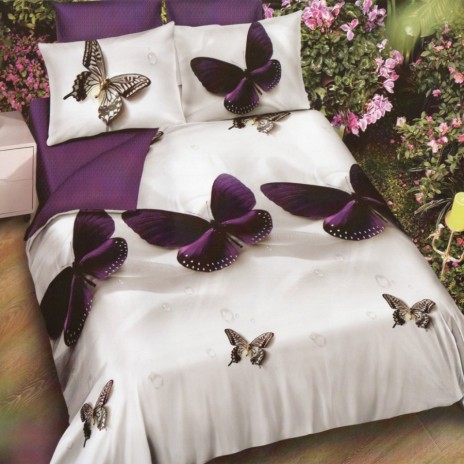 lenjerie de pat dublu, finet, 6 piese, design fluturi, fluturi mov, fundal alb, eleganță, confort, modern, prospețime