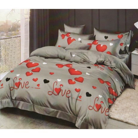 Lenjerie de pat dublu din finet cu 6 piese, design romantic cu inimioare roșii, negre și albe pe fundal gri