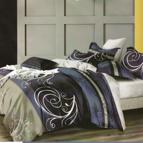 Lenjerie de pat dublu din finet cu 6 piese, design floral alb pe fundal negru și gri