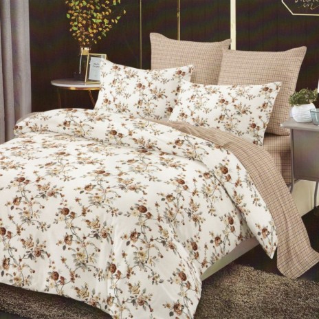 Lenjerie de pat dublu din finet, 6 piese, design floral clasic crem și maro