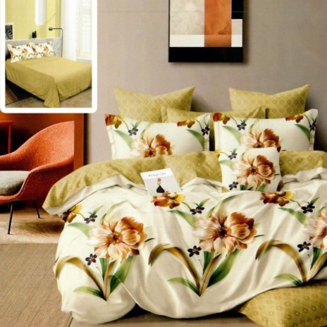 Lenjerie de pat dublu din finet cu 6 piese, decorată cu modele florale în nuanțe de crem și maro pe fundal deschis.