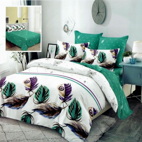 Lenjerie de pat dublu din finet cu 6 piese, design elegant cu pene colorate în nuanțe de violet, verde și maro pe fundal alb