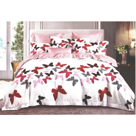 Lenjerie de pat dublu din finet, 6 piese, cu design vibrant de fluturi roșii, roz și negri