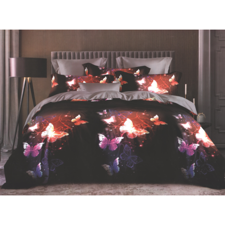 Lenjerie de pat dublu din finet cu 6 piese, design vibrant cu fluturi luminoși pe fundal negru