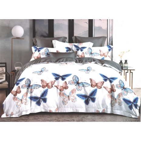 Lenjerie de pat dublu din finet cu 6 piese, design elegant cu fluturi albastri și maro pe fundal alb