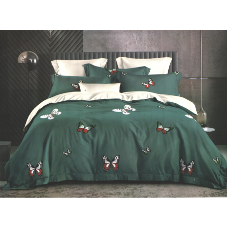 Lenjerie de pat dublu din finet cu 6 piese, Ralex Pucioasa, cod FN63, design elegant cu fluturi colorați pe fundal verde închis