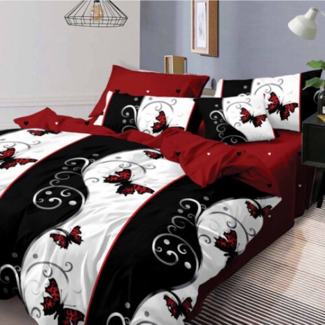 Lenjerie de pat dublu din finet cu 6 piese, decorată cu fluturi roșii pe fond negru și alb, perfectă pentru un dormitor modern și sofisticat