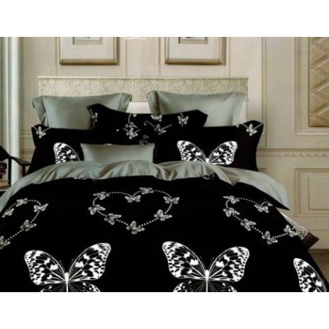 Lenjerie de pat dublu din finet cu 6 piese, design elegant cu fluturi și inimi pe fond negru, ideal pentru un dormitor modern și sofisticat