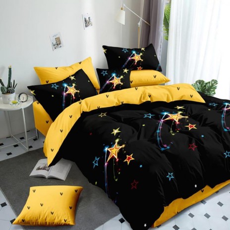 Lenjerie de pat dublu din finet, 6 piese, cu design modern de stele colorate pe fundal negru și galben